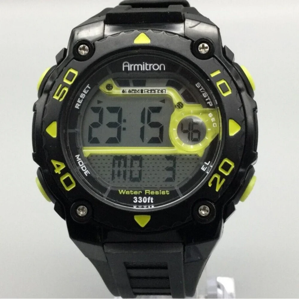 Armitron Pro Sport Digital Watch Men Black Neon Yellow Day Date 100M New Battery - Picture 1 of 14